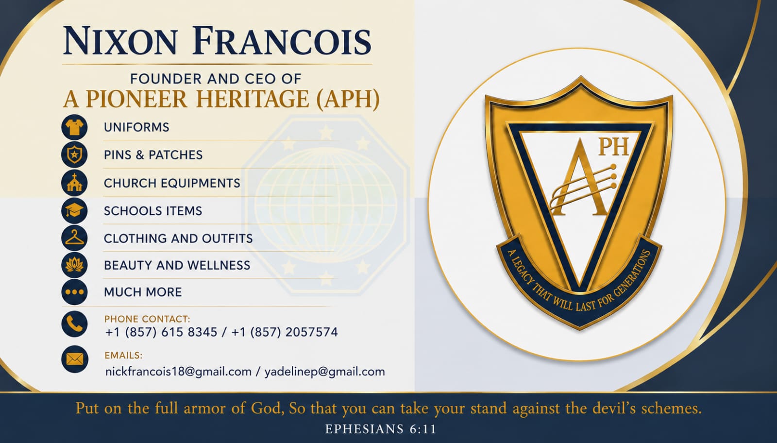A Pioneer Heritage club and uniform supplies vendor card